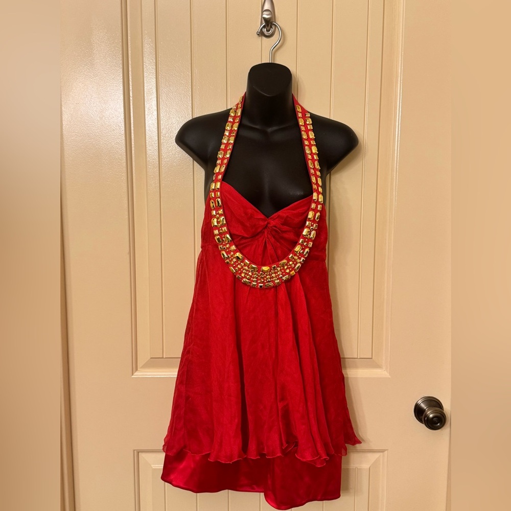 Y2K Bebe Halter Gold Beads Vibrant Red Dress side M